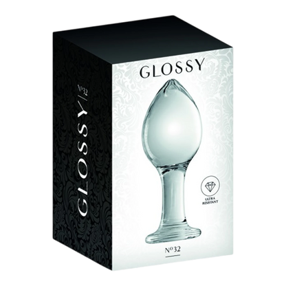 Packaging du plug anal Glossy n°32 en verre transparent avec boîte noire et blanche élégante - Oh My God'Z