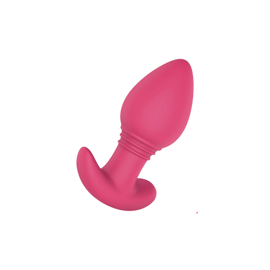 Plug anal vibrant connecte Axel EasyConnect en silicone rose, vue inclinee avec smartphone et application - Oh My God'Z