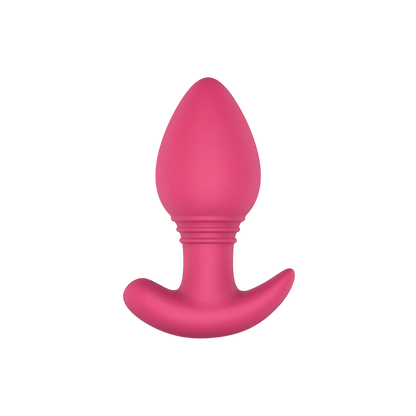 Plug anal vibrant Axel EasyConnect en silicone rose, vue de face avec base incurvee et col strie - Oh My God'Z