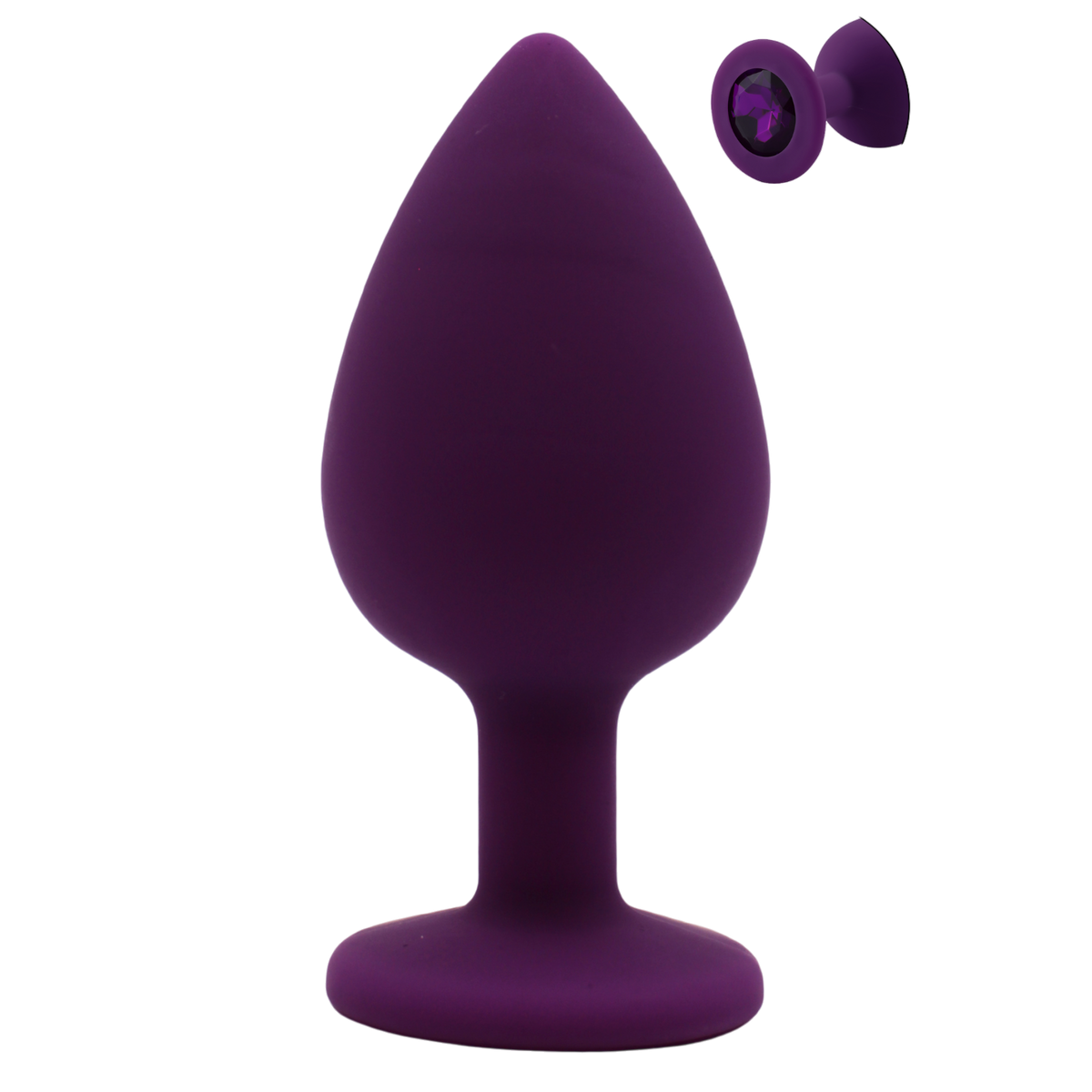 Plug anal bijou violet Purpy taille L en silicone medical, cristal violet scintillant visible en encart - Oh My God'Z