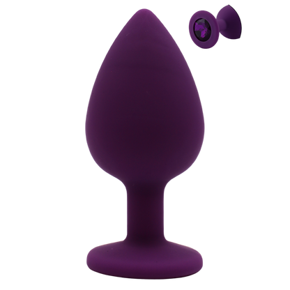 Plug anal bijou violet Purpy taille L en silicone medical, cristal violet scintillant visible en encart - Oh My God'Z