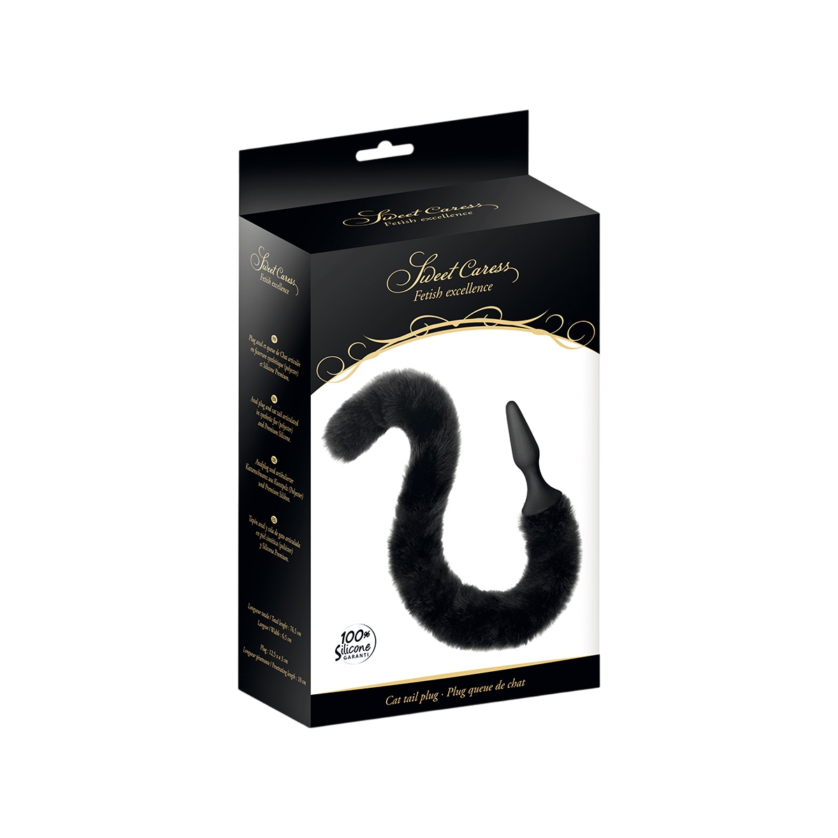 Boite noire et doree Sweet Caress du plug queue de chat noir en silicone et fourrure synthetique - Oh My God'Z