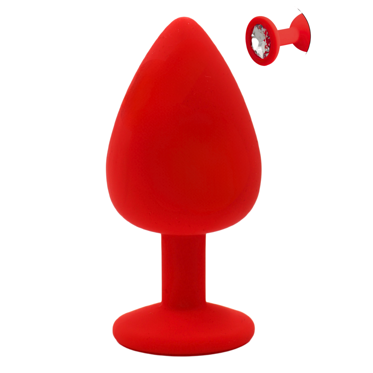 Plug anal bijou rouge en silicone taille L avec cristal a facettes transparent, vue de face - Oh My God'Z