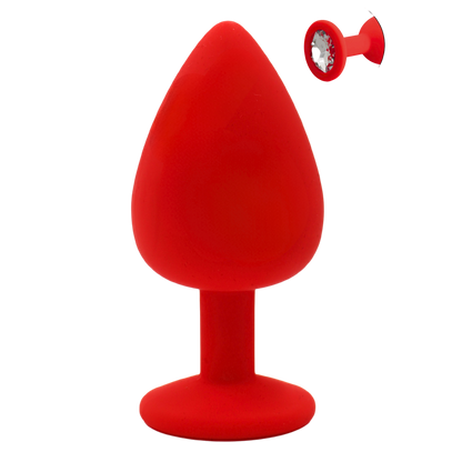 Plug anal bijou rouge en silicone taille L avec cristal a facettes transparent, vue de face - Oh My God'Z