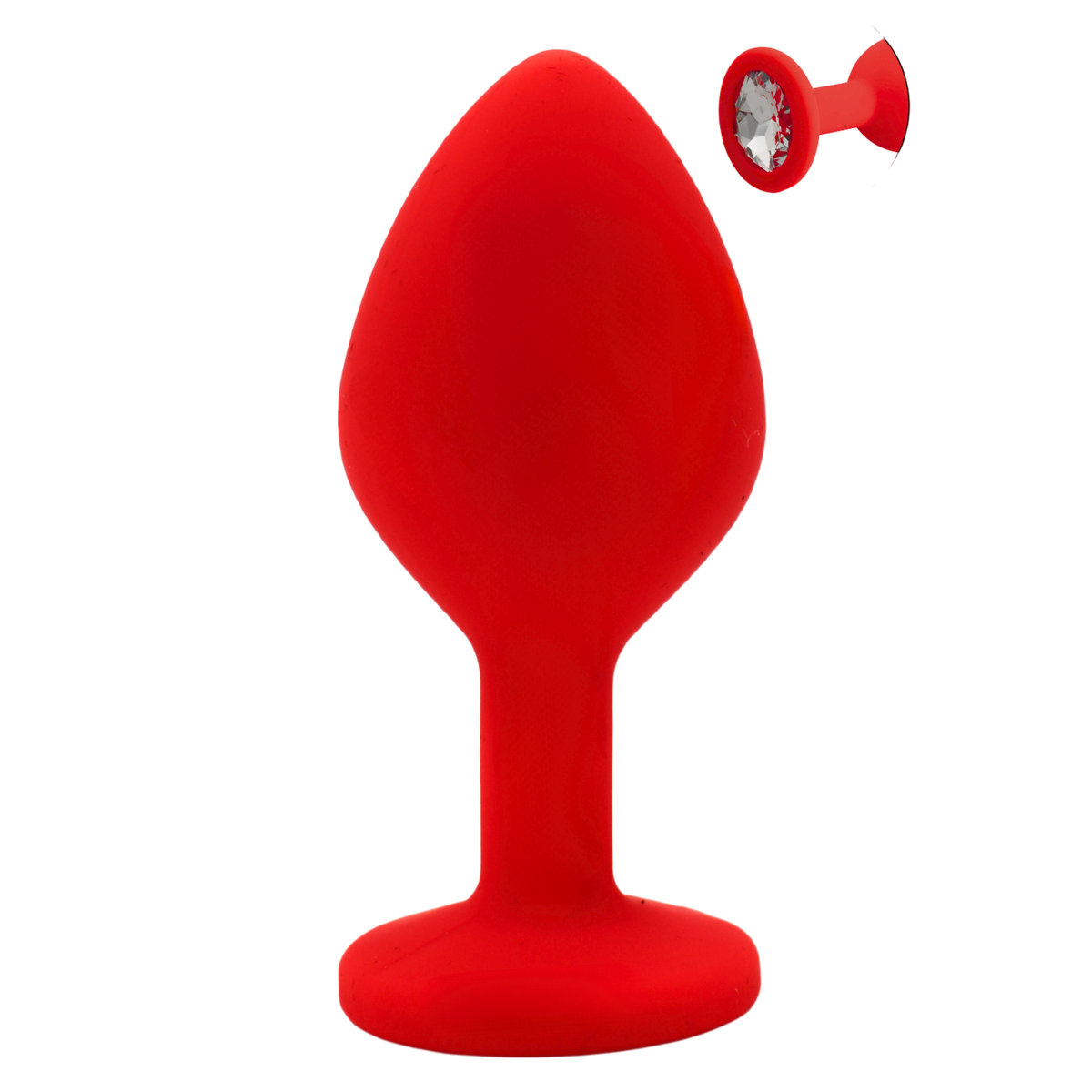 Plug anal bijou rouge silicone taille M avec insert cristal transparent, vue de face et detail - Oh My God'Z