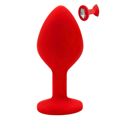 Plug anal bijou rouge silicone taille M avec insert cristal transparent, vue de face et detail - Oh My God'Z