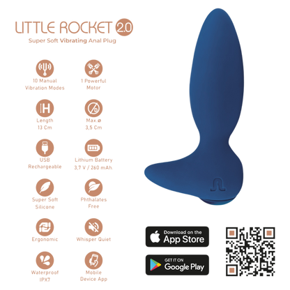 Fiche technique du plug anal vibrant Little Rocket II Adrien Lastic bleu silicone, 13 cm, 10 vibrations - Oh My God'Z