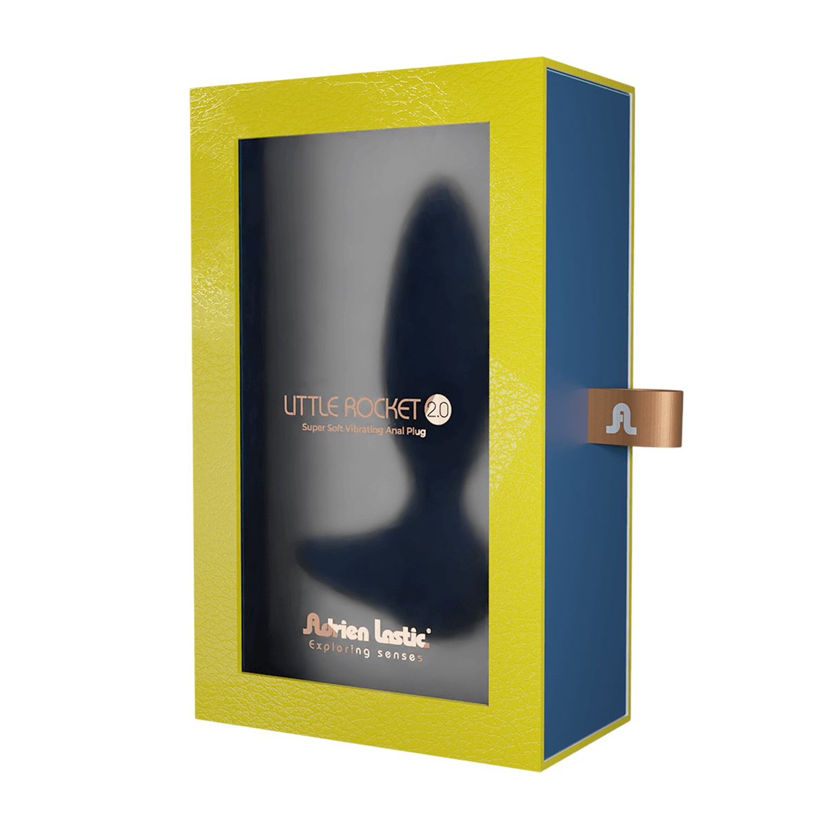 Boite jaune et bleue du plug anal vibrant connecte Little Rocket II Adrien Lastic en silicone bleu - Oh My God'Z