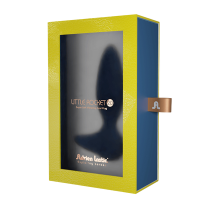 Boite jaune et bleue du plug anal vibrant connecte Little Rocket II Adrien Lastic en silicone bleu - Oh My God'Z