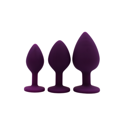 Trois plugs anaux violets Purpy en silicone medical, du plus petit au plus grand, bases rondes stables - Oh My God'Z