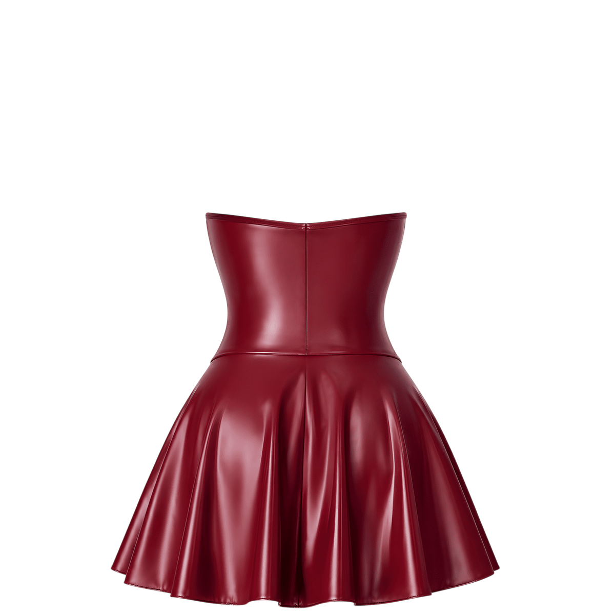 Dos de la robe corset mini bordeaux en wetlook, bustier ajuste et jupe courte tres evasee - Oh My God'Z