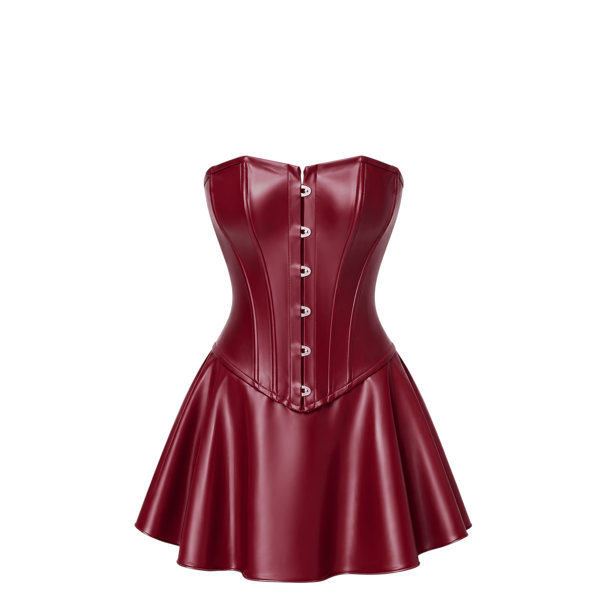 Packshot de la robe corset bordeaux en wetlook sans bretelles, agrafes metalliques et jupe evasee - Oh My God'Z