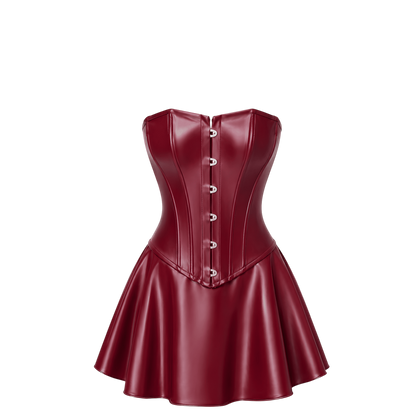 Packshot de la robe corset bordeaux en wetlook sans bretelles, agrafes metalliques et jupe evasee - Oh My God'Z