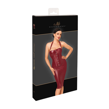 Packaging Noir Handmade de la robe corset midi bordeaux en wetlook, boîte noire avec visuel produit - Oh My God'Z