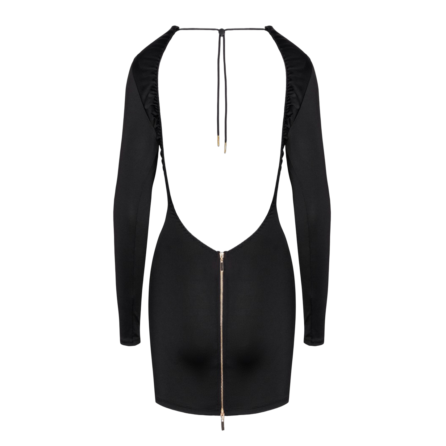 Détail du dos nu de la robe Cottelli Party avec fermeture éclair dorée double sens et cordon de maintien réglable