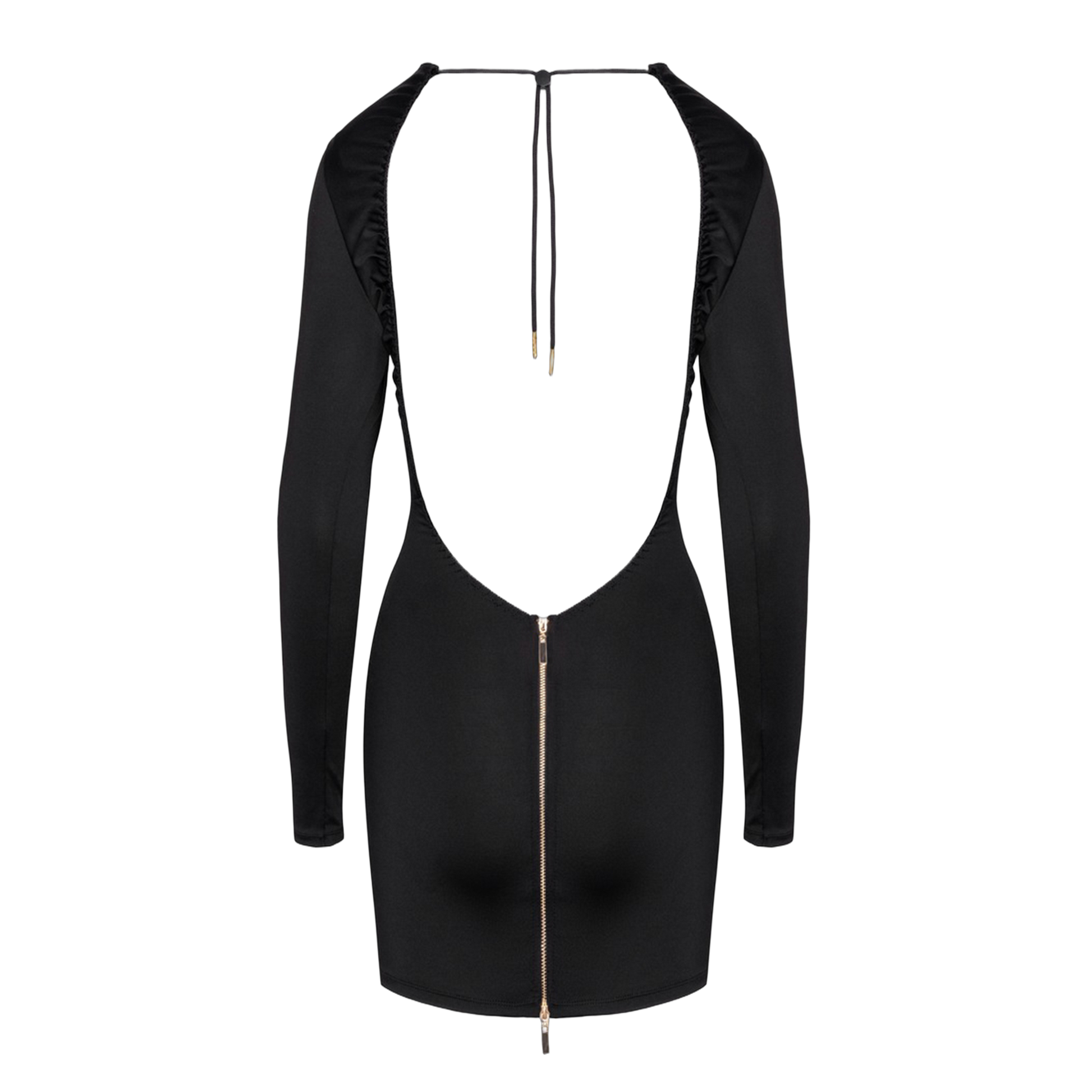 Détail du dos nu de la robe Cottelli Party avec fermeture éclair dorée double sens et cordon de maintien réglable