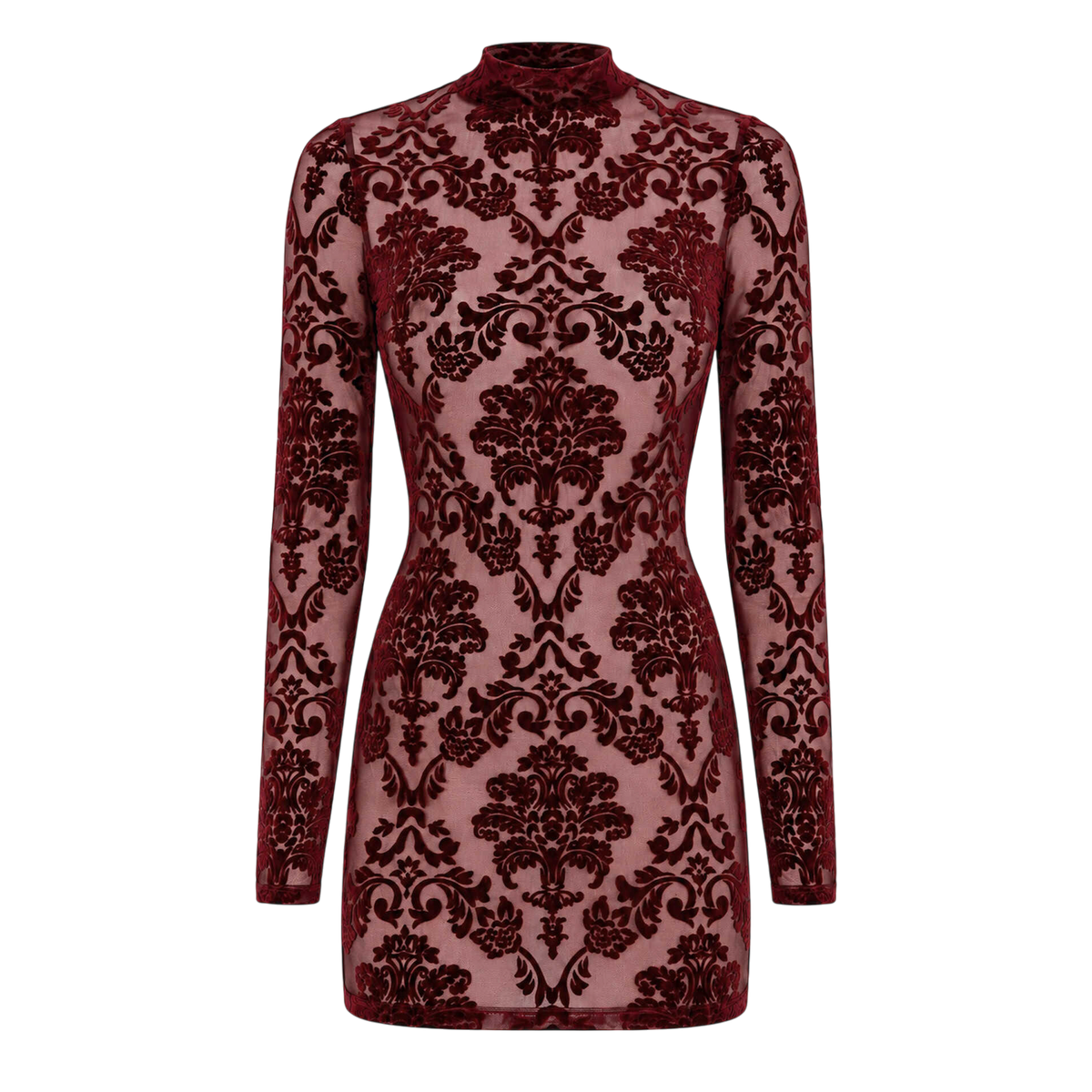 Robe courte bordeaux en tulle floque a motifs damasses presentee a plat, col montant et manches longues - Oh My God'Z