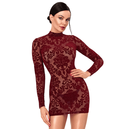 Robe courte bordeaux en tulle floque transparent a motifs baroques, col montant et manches longues - Oh My God'Z