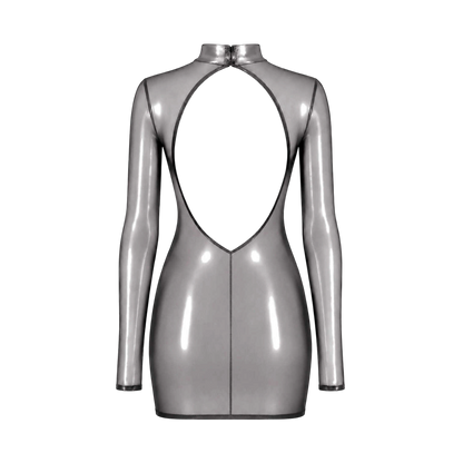 Dos de la robe courte argentee effet latex : decoupe dos nu goutte et col montant ferme par zip - Oh My God'Z