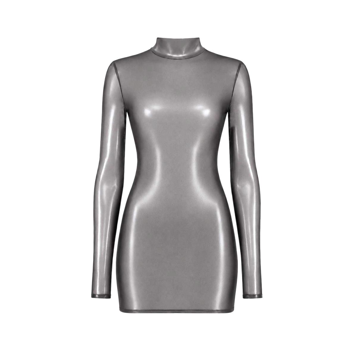 Robe courte argentee effet latex presentee seule, col montant et manches longues, coupe ajustee mini - Oh My God'Z