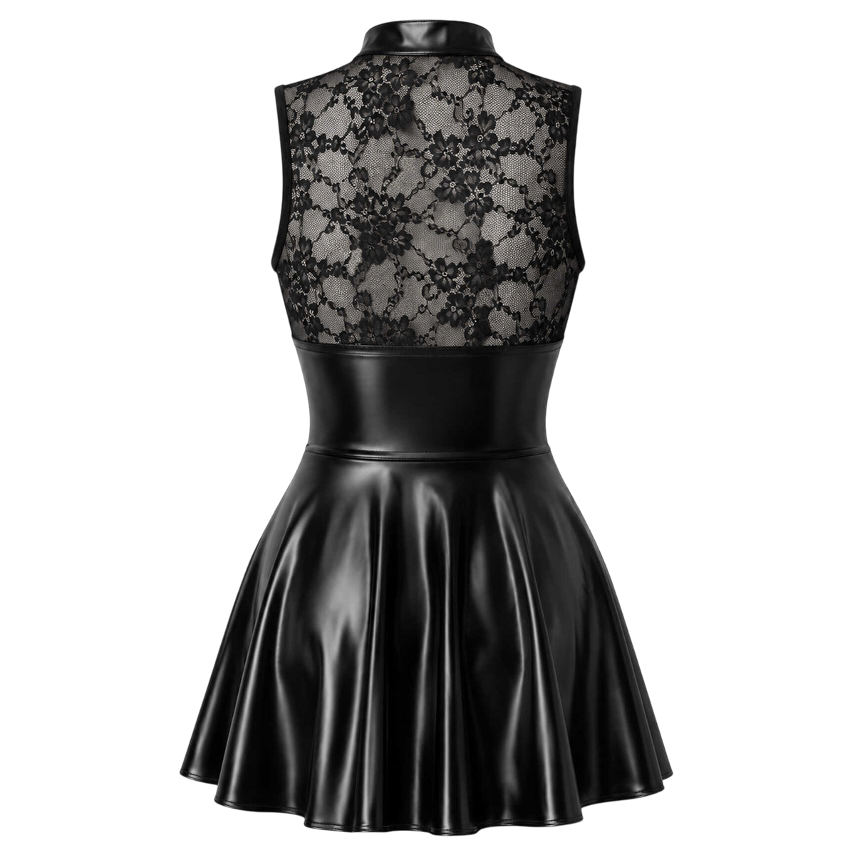 Dos de la robe noire a plat, empiecement dentelle florale transparente et jupe evasee wetlook - Oh My God'Z