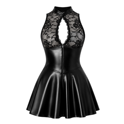 Robe courte noire presentee a plat, decollete goutte en dentelle festonnee et zip double curseur - Oh My God'Z