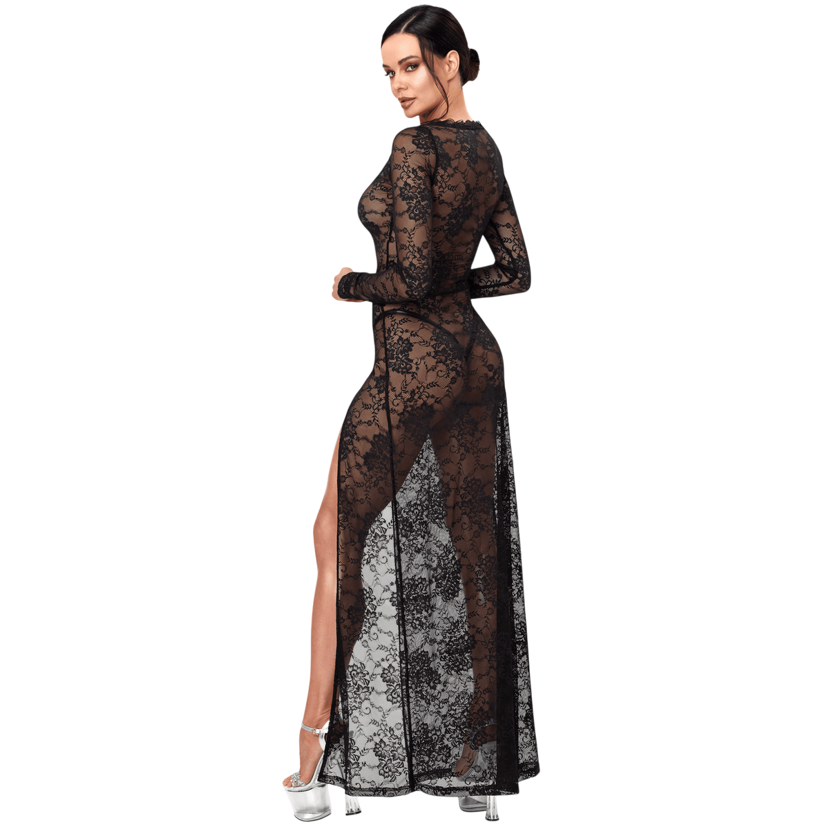 Robe longue dentelle noire transparente vue de dos, manches longues et fente haute sur la jambe - Oh My God'Z