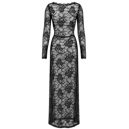 Robe longue en dentelle noire presentee a plat de dos, coupe ajustee et manches longues - Oh My God'Z