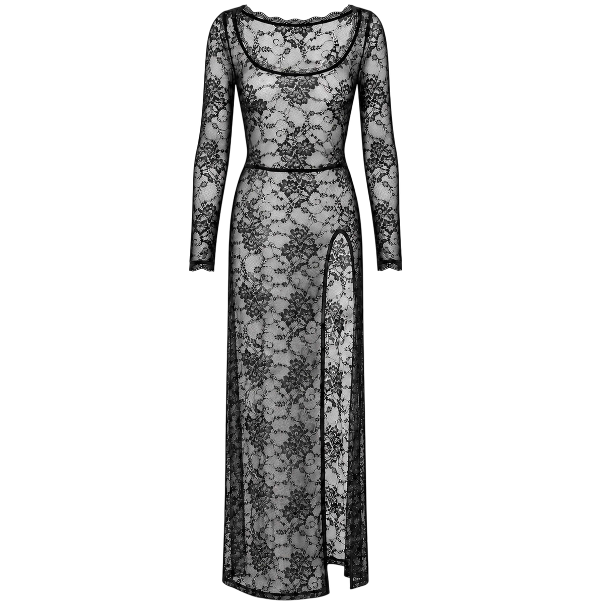 Robe longue en dentelle noire presentee a plat de face, manches longues et fente haute laterale - Oh My God'Z
