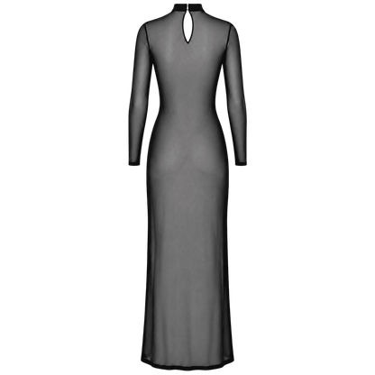 Dos de la robe longue noire en tulle transparent avec ouverture goutte et col montant, fond blanc - Oh My God'Z