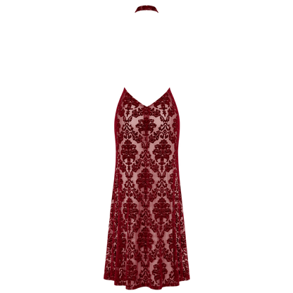 Dos de la robe longue bordeaux a plat, tulle floque transparent et large ouverture dos nu - Oh My God'Z