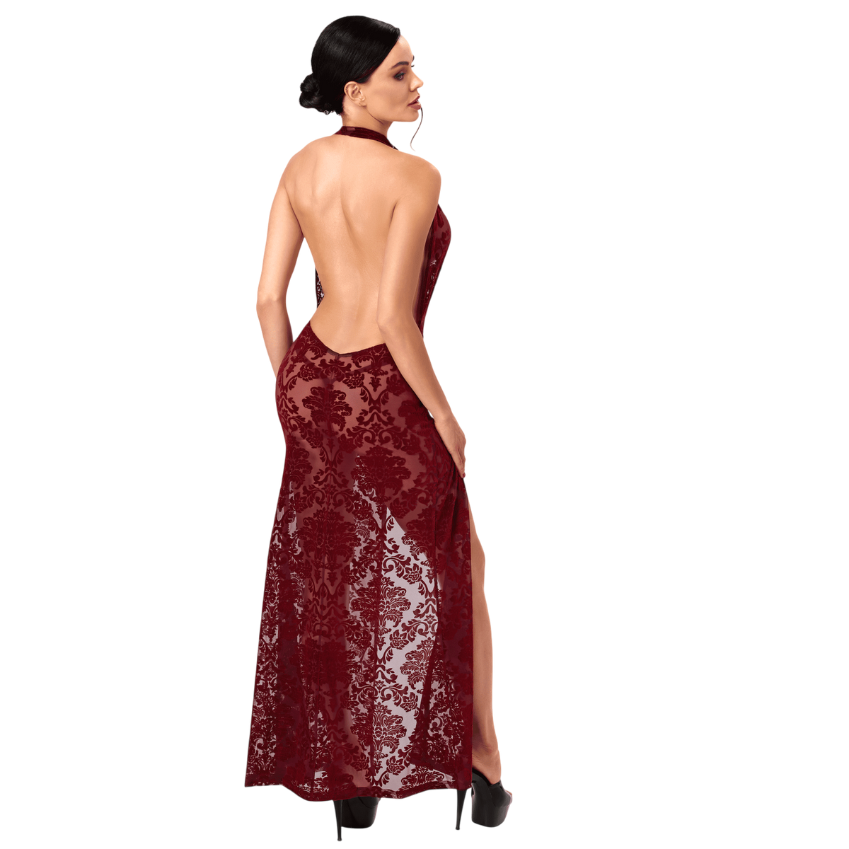 Vue de dos de la robe longue bordeaux en tulle floque, dos nu echancre et tour de cou - Oh My God'Z