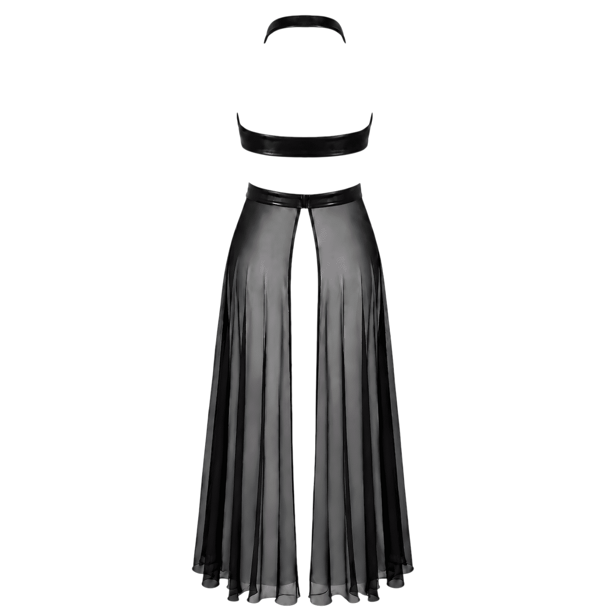 Robe longue noire vue de dos a plat : tour de cou, bande wetlook et jupe maxi en tulle noir - Oh My God'Z