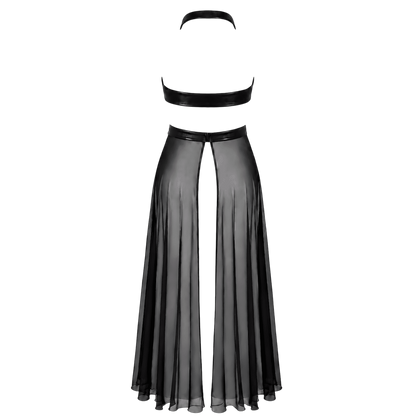 Robe longue noire vue de dos a plat : tour de cou, bande wetlook et jupe maxi en tulle noir - Oh My God'Z