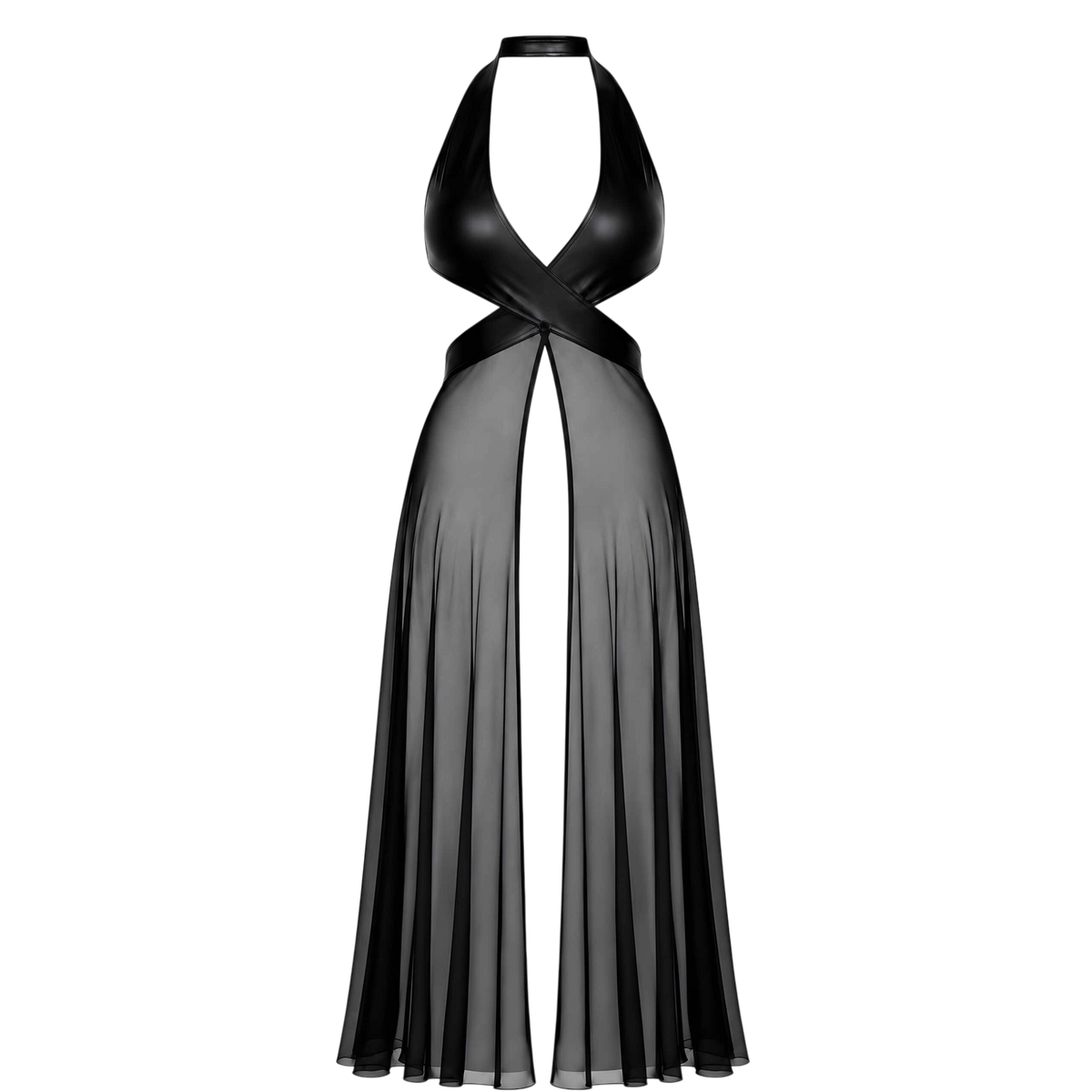 Robe longue noire a plat, haut croise wetlook brillant et longue jupe fendue en tulle transparent - Oh My God'Z