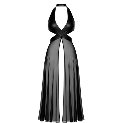 Robe longue noire a plat, haut croise wetlook brillant et longue jupe fendue en tulle transparent - Oh My God'Z