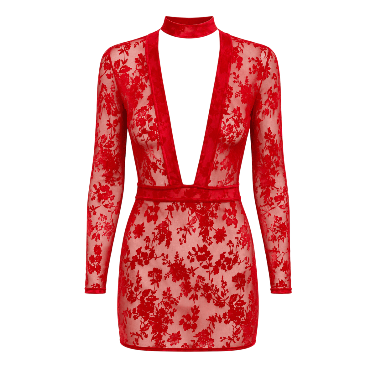 Robe courte rouge en tulle floque fleuri presentee a plat, decollete V plongeant et col montant - Oh My God'Z