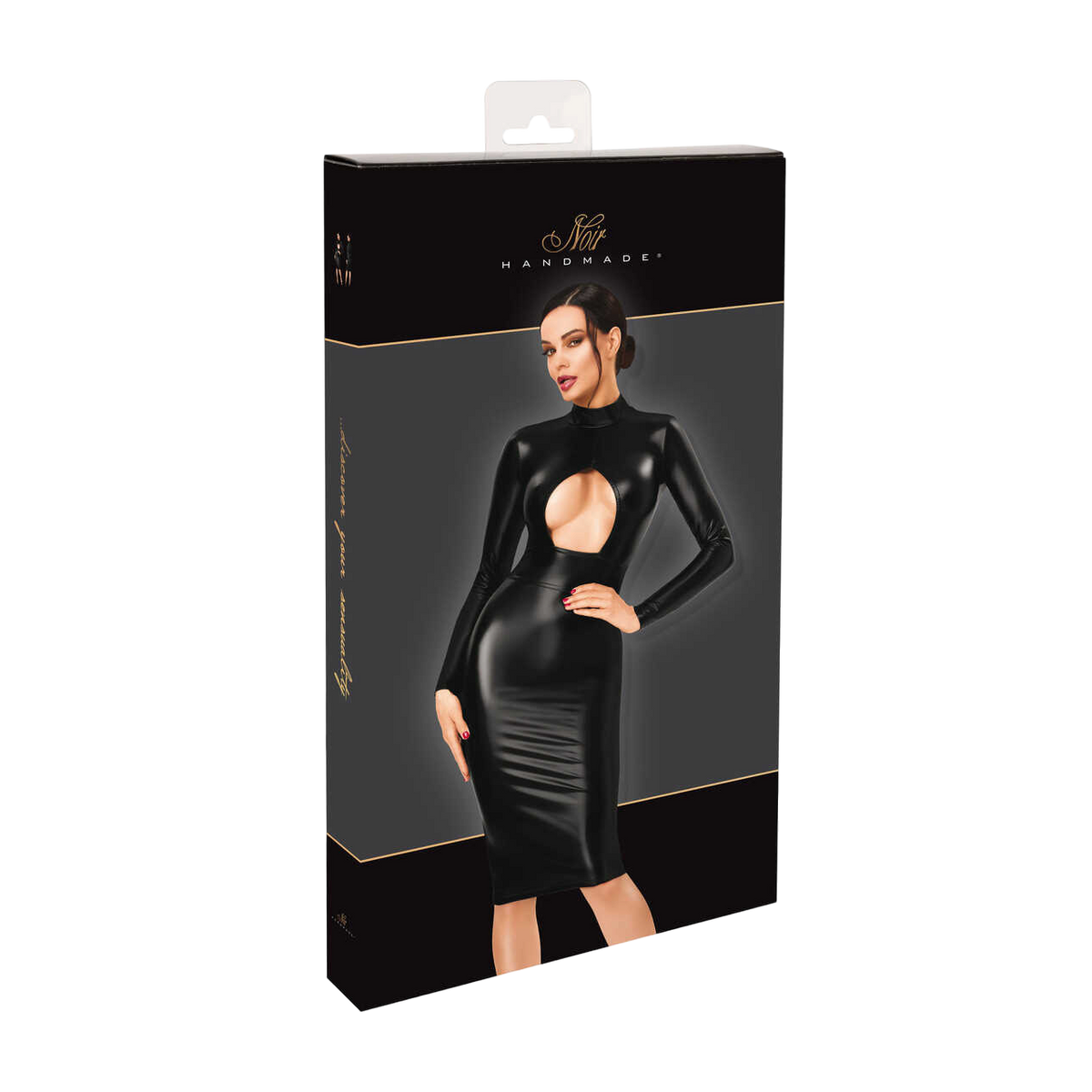 Emballage Noir Handmade de la robe midi noire wetlook avec visuel du modele sur boite cartonnee - Oh My God'Z