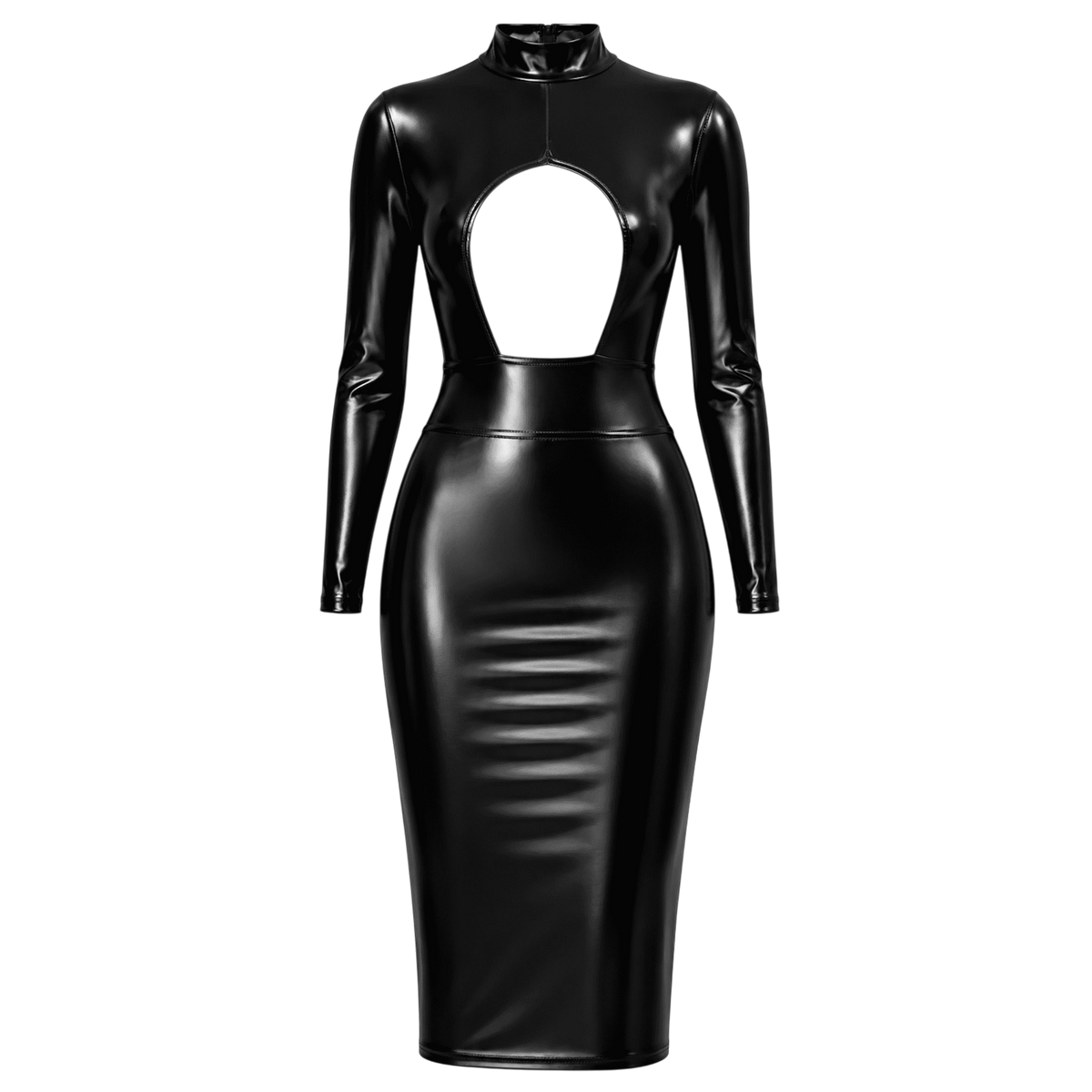 Robe midi noire Powerwetlook presentee a plat, col montant, manches longues et cut-out poitrine - Oh My God'Z