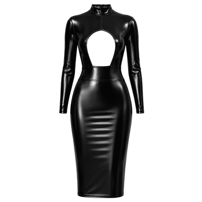 Robe midi noire Powerwetlook presentee a plat, col montant, manches longues et cut-out poitrine - Oh My God'Z