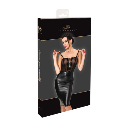 Emballage Noir Handmade de la robe midi noire à laçage, boîte cartonnée noire avec visuel du produit - Oh My God'Z