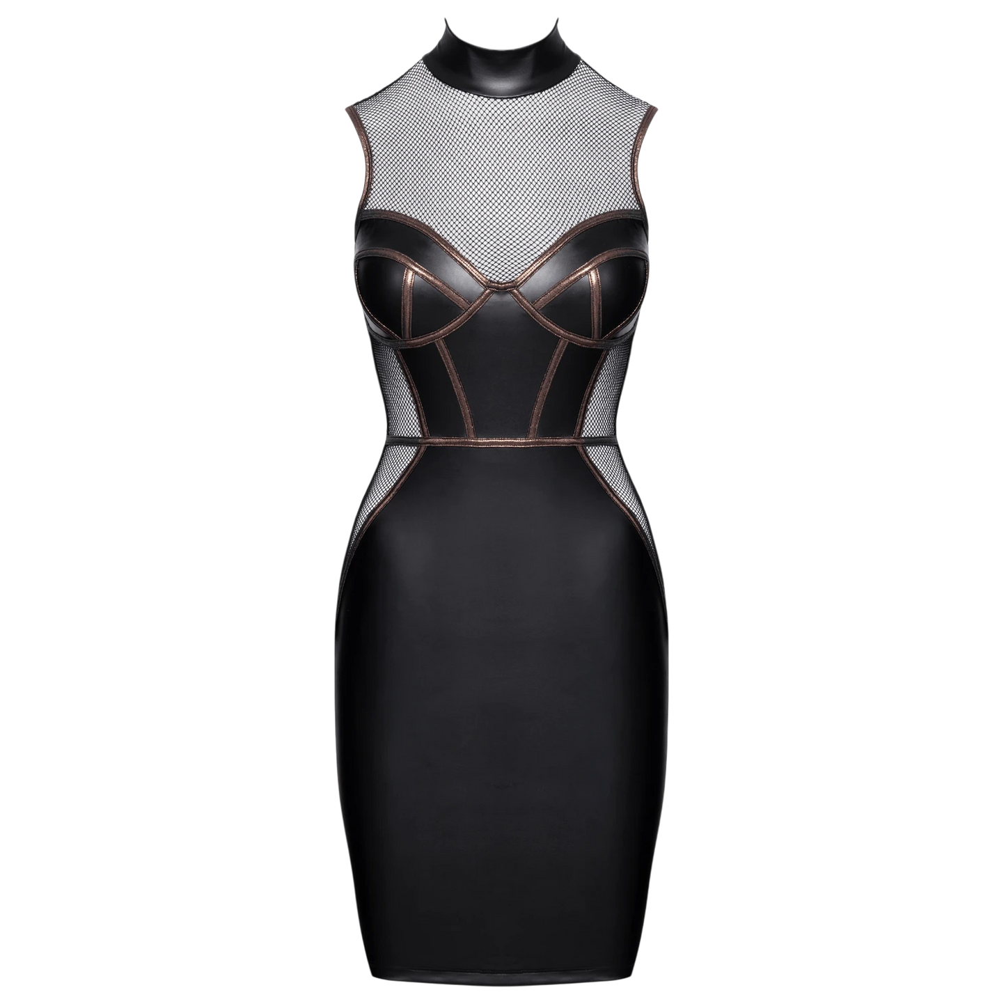 Robe ajustée noire et résille col montant avec détails corsage et passepoils cuivrés - Oh My God'Z