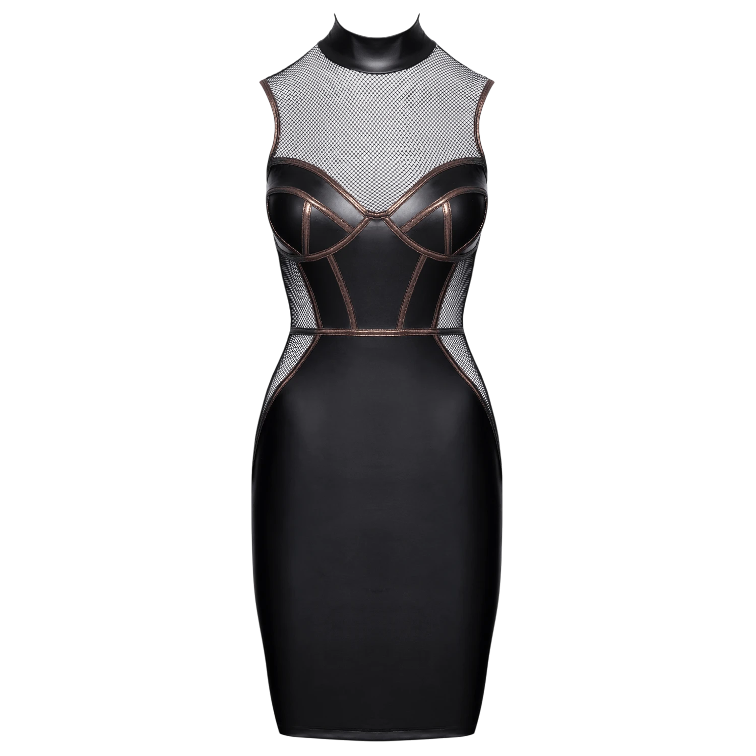 Robe ajustée noire et résille col montant avec détails corsage et passepoils cuivrés - Oh My God'Z