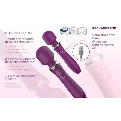 Schéma vibromasseur bordeaux avec boutons contrôle, port USB rechargeable, modes de vibration détaillés - Oh My God'Z