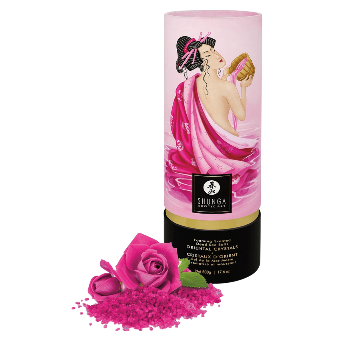 Tube rose de sel de la mer Morte Aphrodisia Shunga 500 g avec cristaux fuchsia et roses fraiches - Oh My God'Z