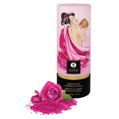 Tube rose de sel de la mer Morte Aphrodisia Shunga 500 g avec cristaux fuchsia et roses fraiches - Oh My God'Z