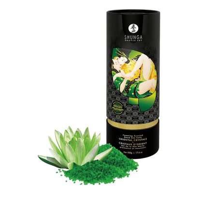 Tube noir de sel de la mer morte Shunga Fleur de Lotus 500 g avec cristaux verts et fleur - Oh My God'Z