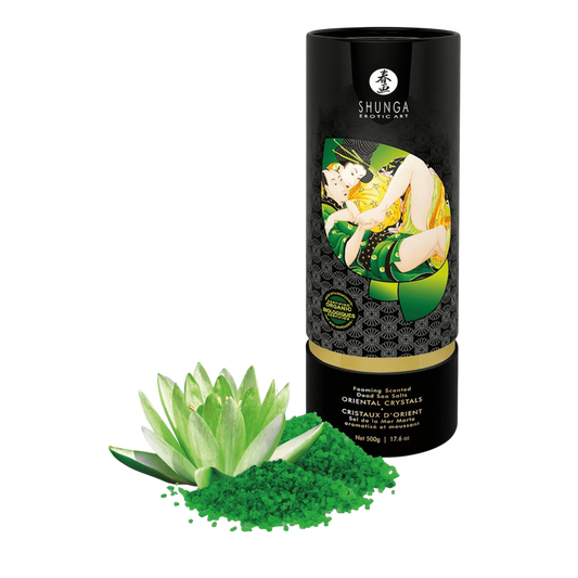 Tube noir de sel de la mer morte Shunga Fleur de Lotus 500 g avec cristaux verts et fleur - Oh My God'Z