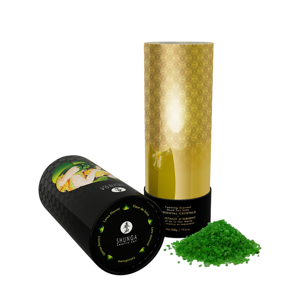 Boite Shunga Oriental Crystals ouverte, etui dore et cristaux de bain verts parfum lotus - Oh My God'Z