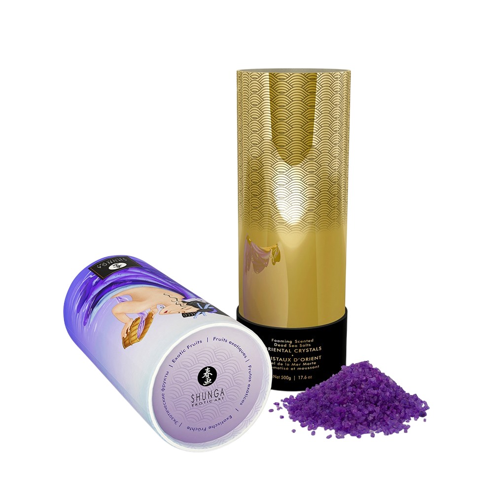 Boite cylindrique Shunga couchee et etui dore, cristaux de bain violets parfumes fruits exotiques - Oh My God'Z